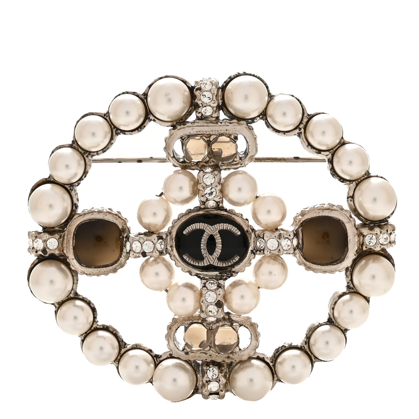 Gripoix Poured Glass Crystal Pearl Brooch Black Silver