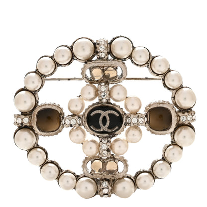 Chanel Gripoix Poured Glass Crystal Pearl Brooch Black Silver 1 of 6