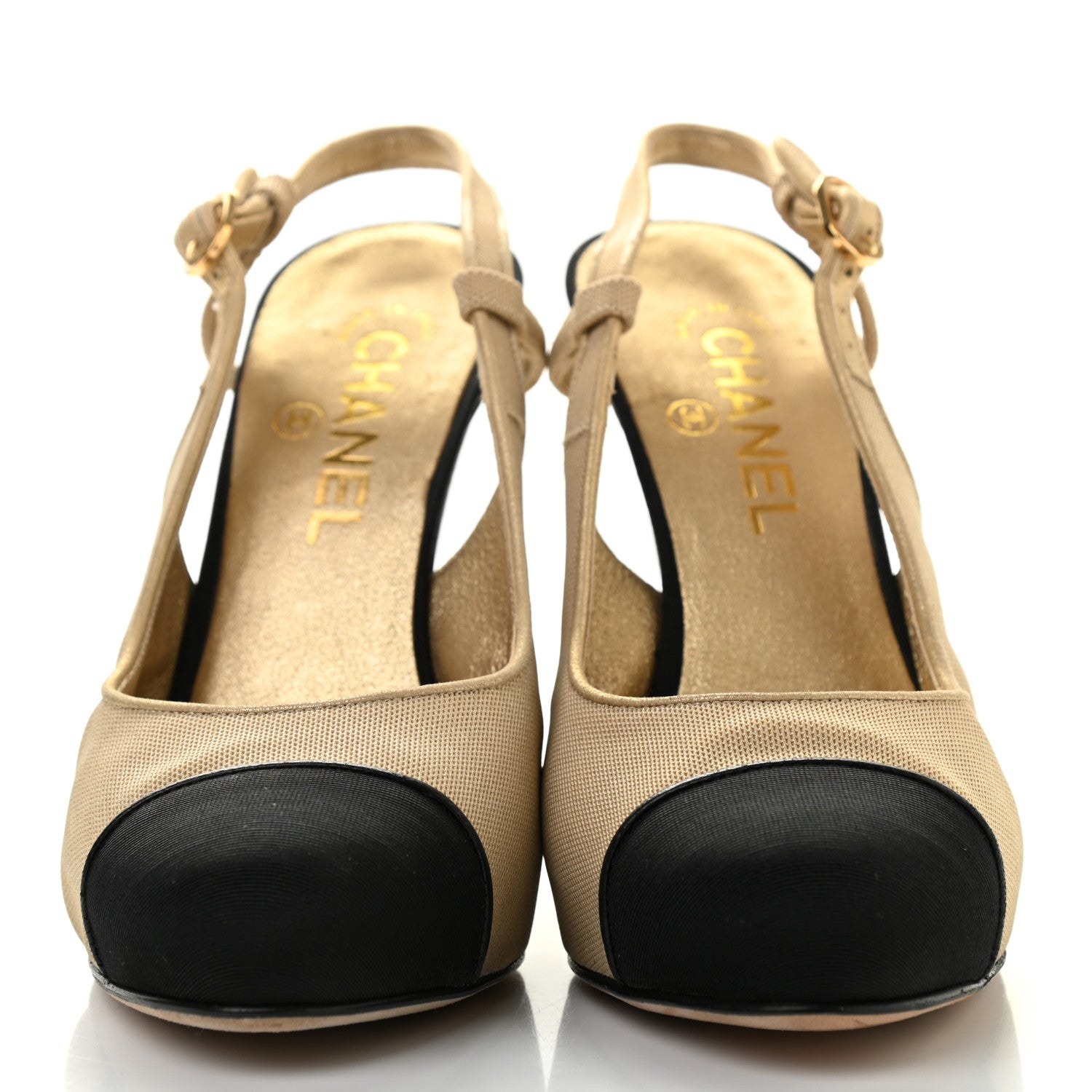 Chanel Grosgrain Cap Toe CC Slingback Pumps 38.5 Black Gold 2 of 18