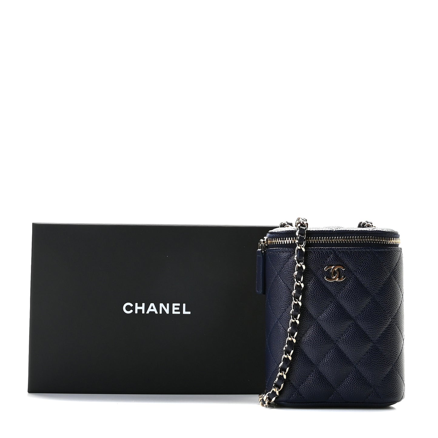 Caviar Quilted Small Vertical Coco Beauty Vanity Case With Chain Navy
