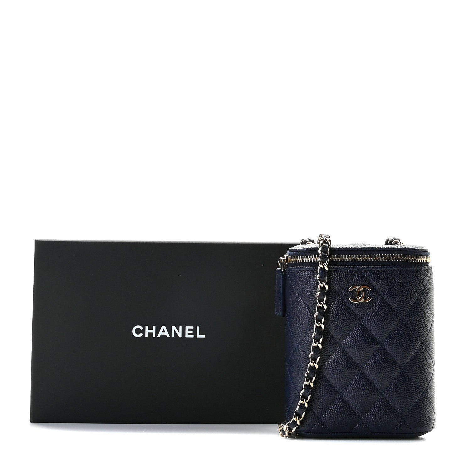 Chanel Caviar Quilted Small Vertical Coco Beauty Vanity Case With Chain Navy 9 of 9