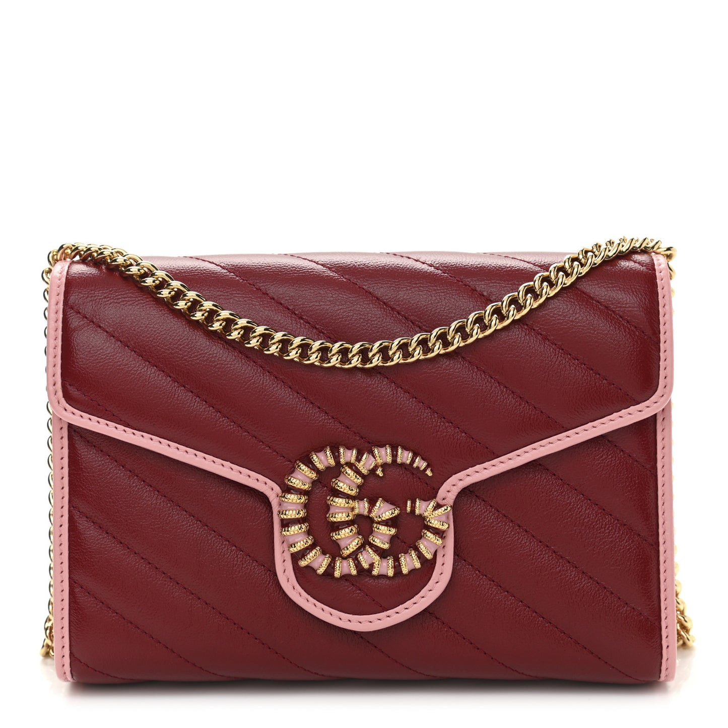 Azalea Calfskin Enamel Matelasse Diagonal Torchon GG Marmont Chain Wallet New Cherry Red Wild Rose