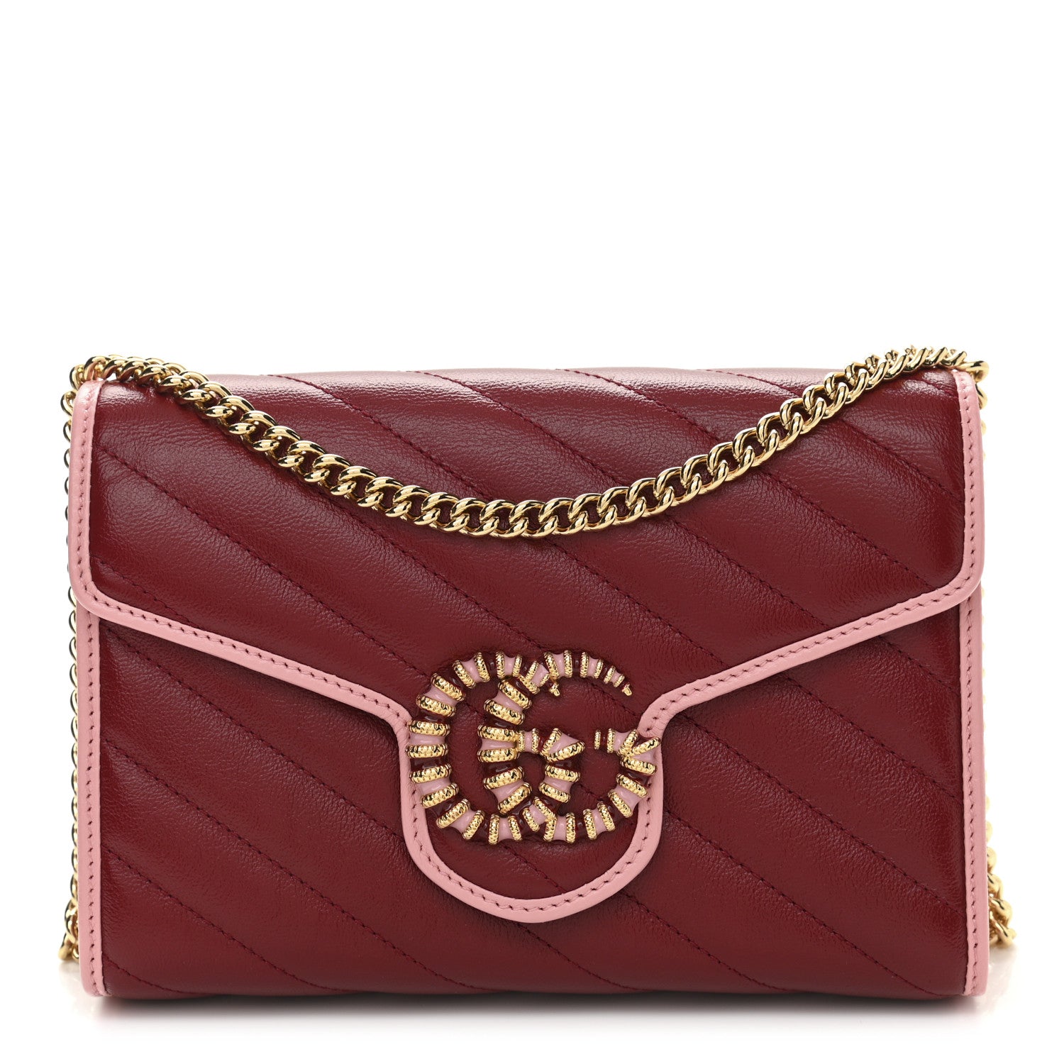 Gucci Azalea Calfskin Enamel Matelasse Diagonal Torchon GG Marmont Chain Wallet New Cherry Red Wild Rose 1 of 11
