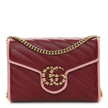 Gucci Azalea Calfskin Enamel Matelasse Diagonal Torchon GG Marmont Chain Wallet New Cherry Red Wild Rose 1 of 11