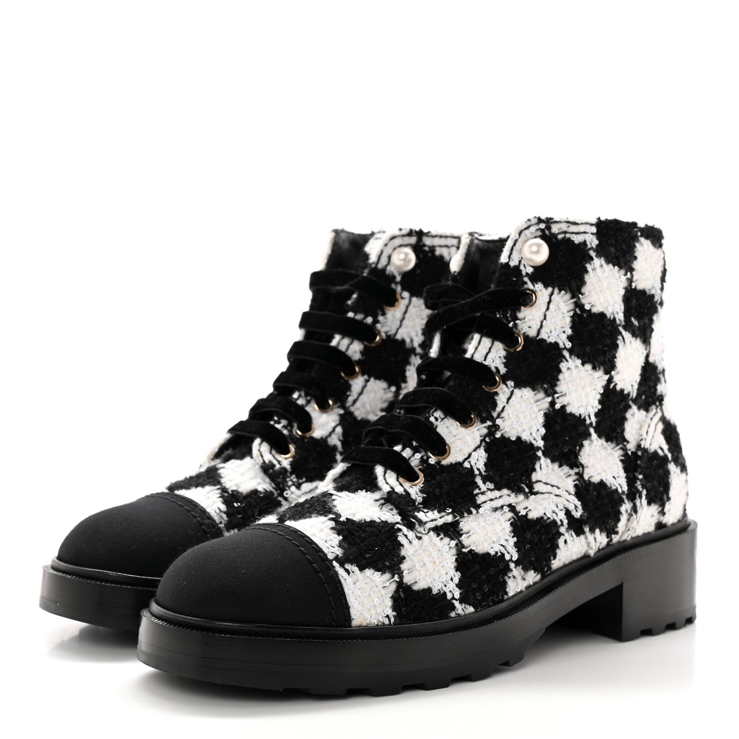Tweed Grosgrain Pearl Combat Short Boots 40.5 White Black