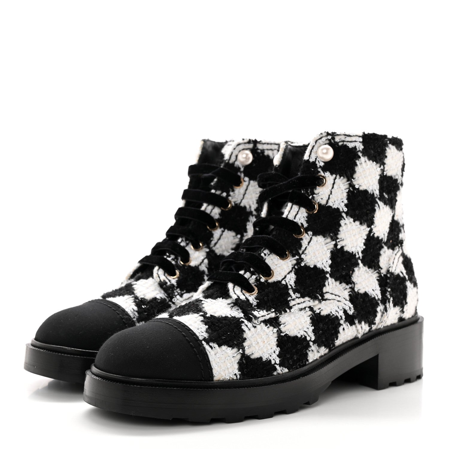 Chanel Tweed Grosgrain Pearl Combat Short Boots 40.5 White Black 3 of 13