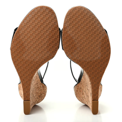Gucci Vitello Vernice Cork Wedge Sandals 8 Black Naturale 6 of 11