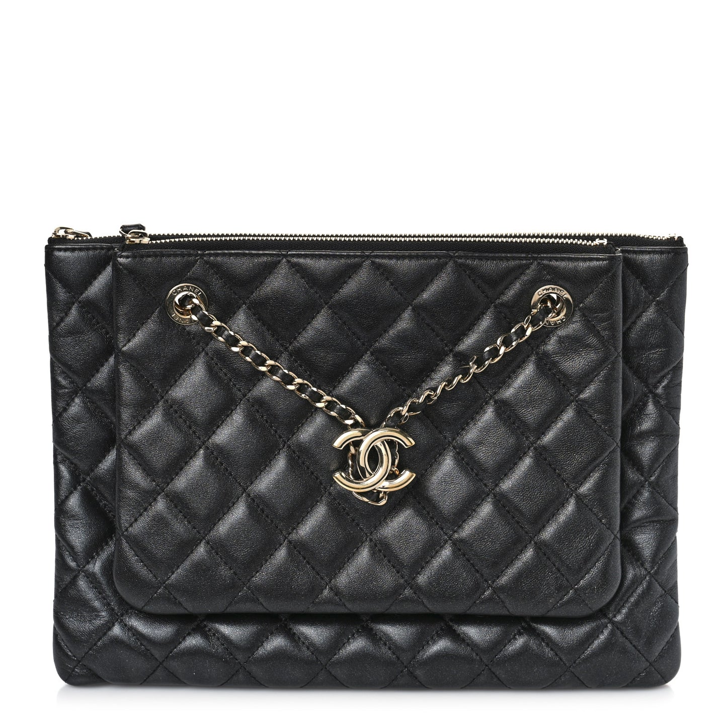 Shiny Lambskin Quilted Medium Double Case With Strap Black