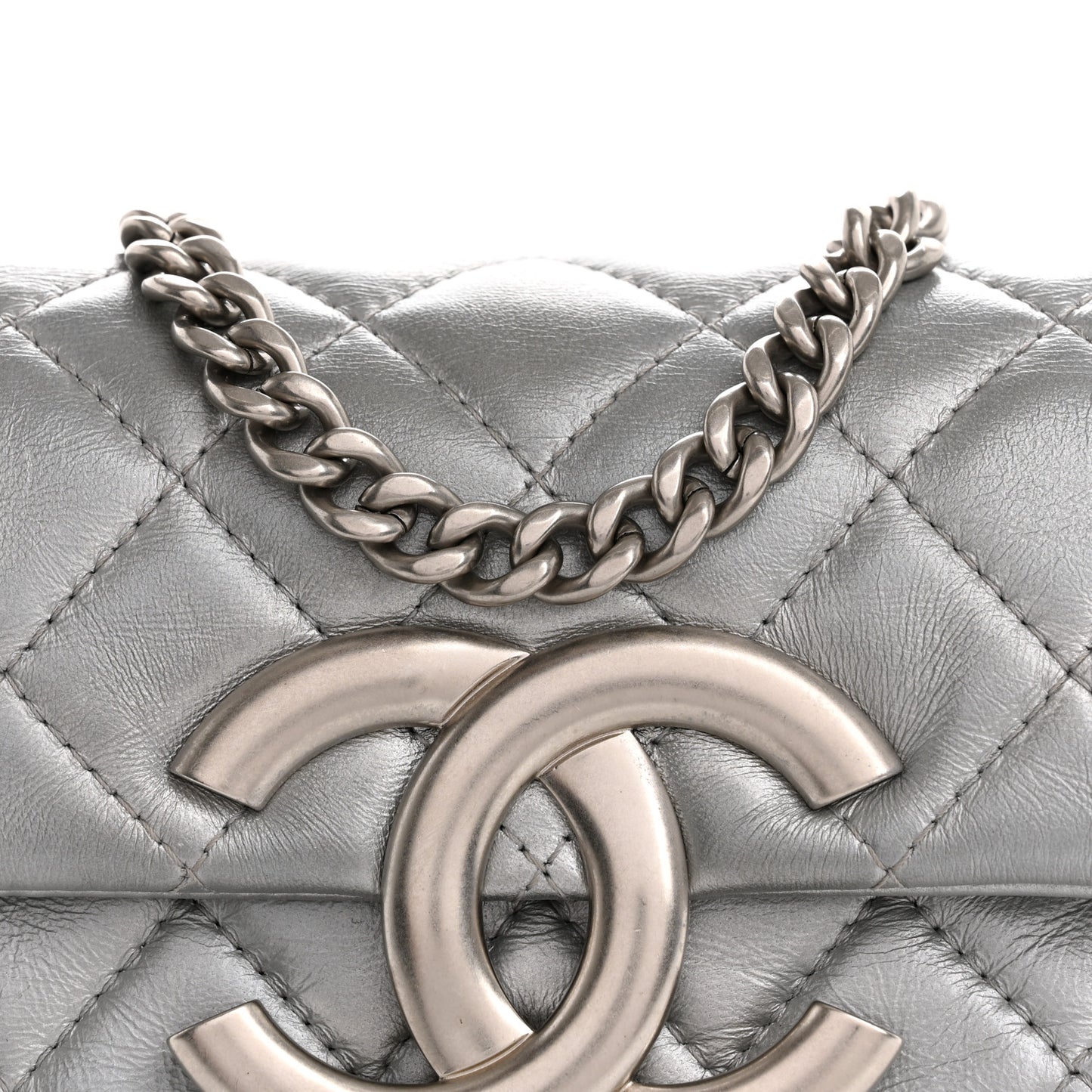Metallic Lambskin Quilted Mini Giant CC Flap Argent