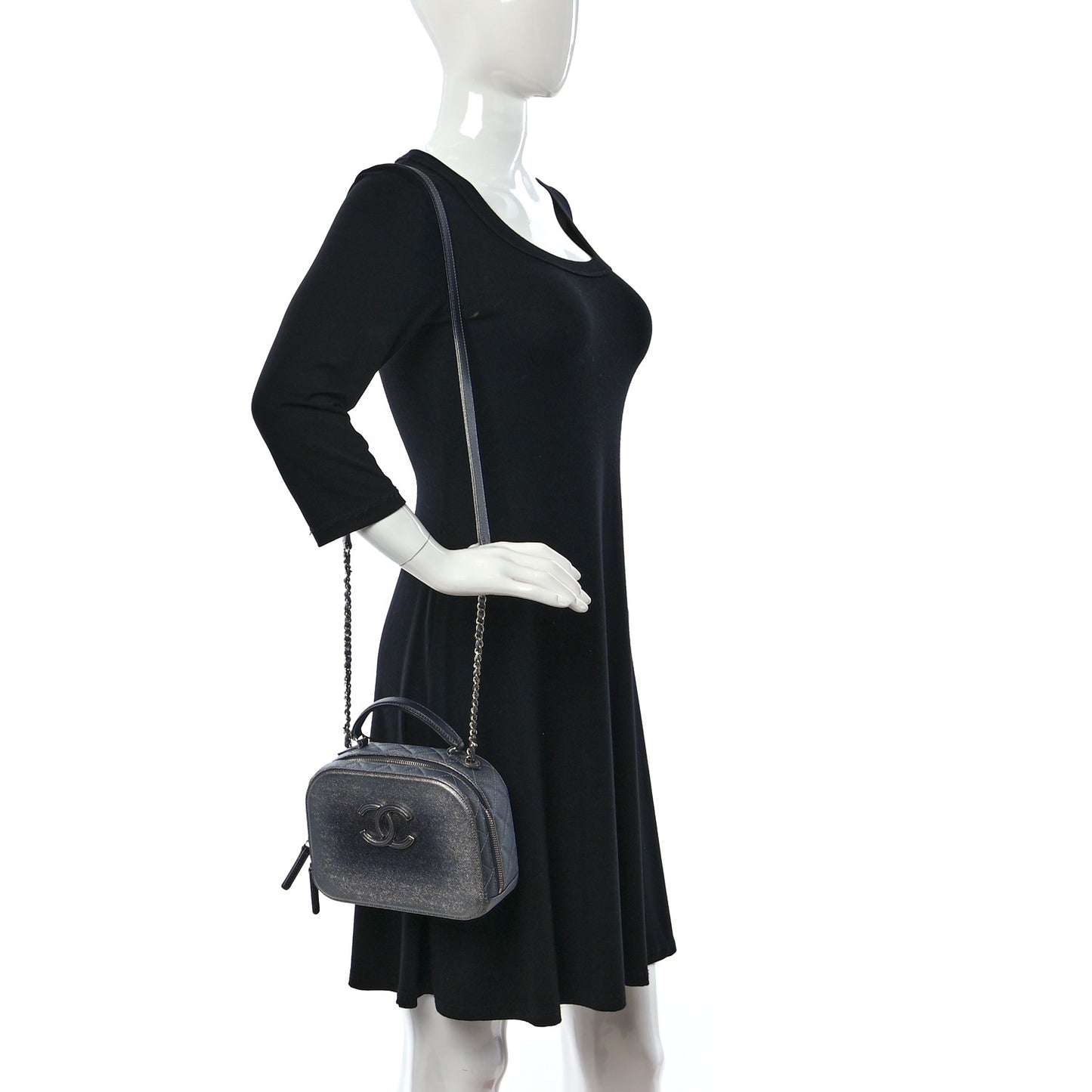 Metallic Caviar Small Coco Curve Vanity Bag Navy Blue Silver