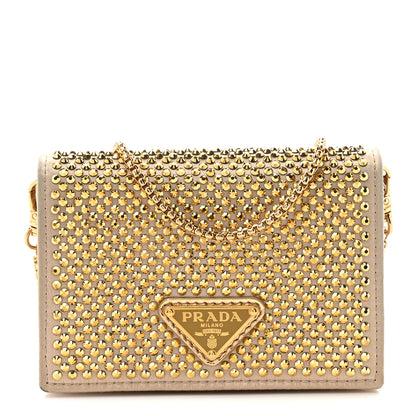 Prada Satin Crystal Metal Triangle Logo Card Holder With Strap Platino 1 of 14
