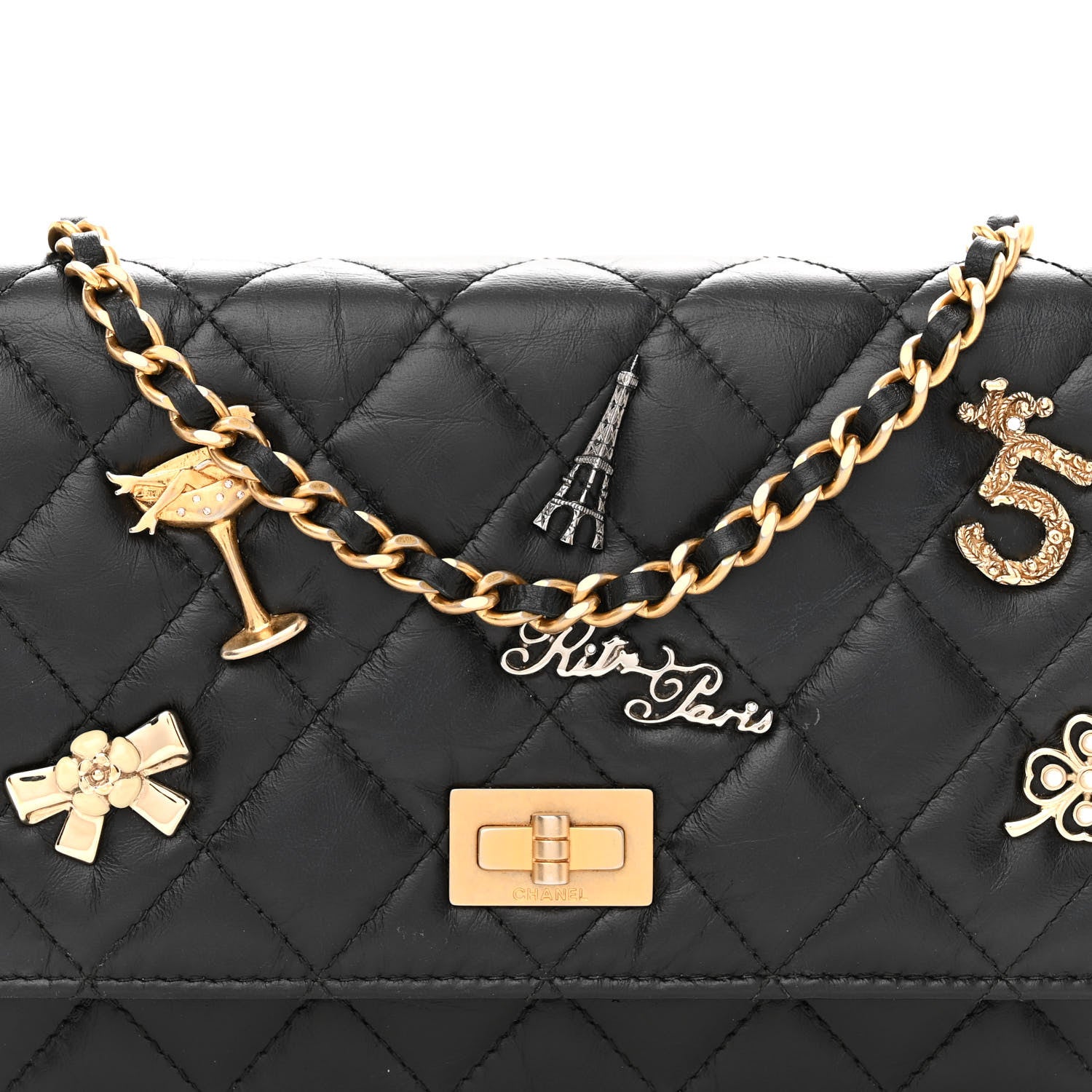 Chanel Aged Calfskin Quilted Lucky Charms 2.55 Reissue Wallet On Chain WOC Black 9 of 12