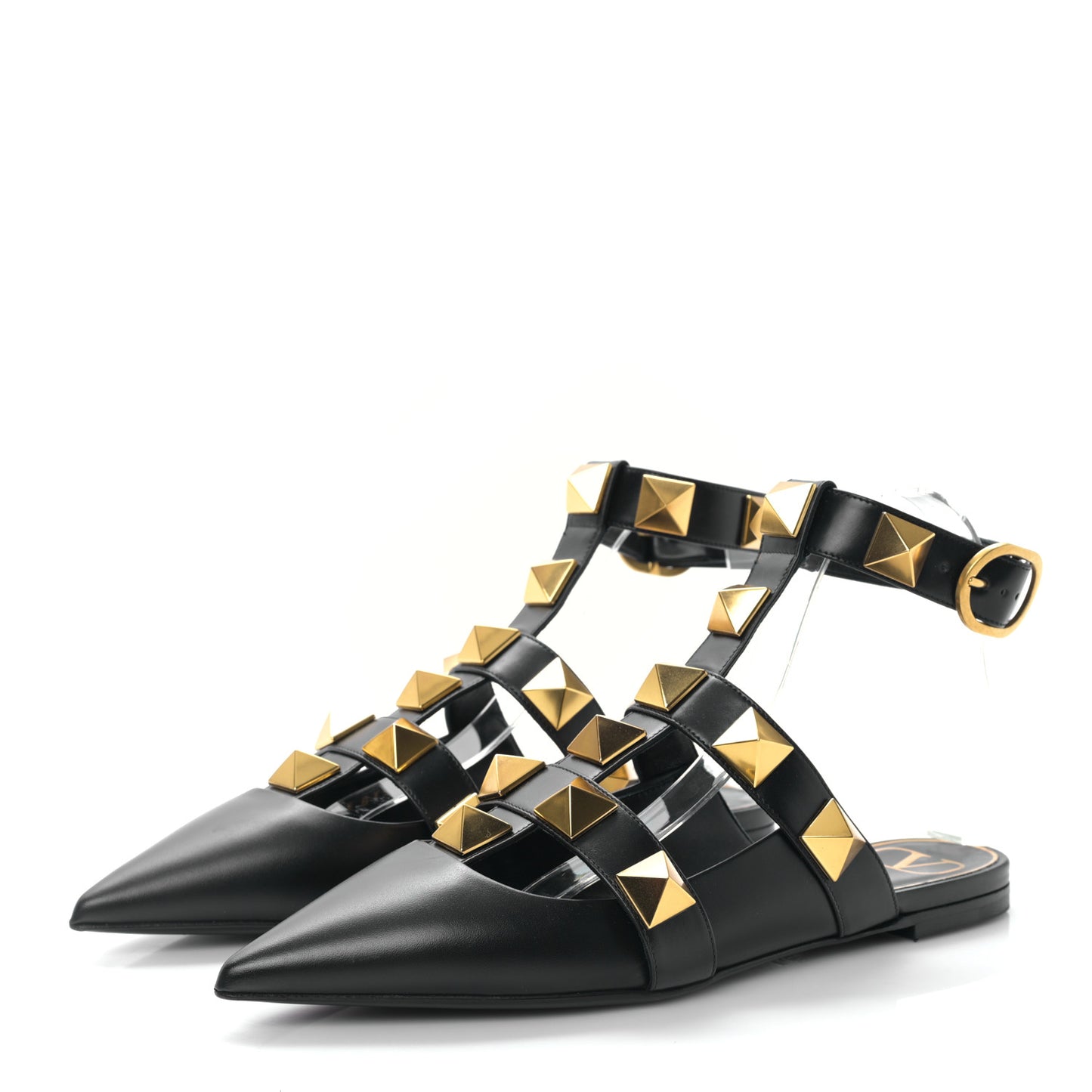 Calfskin Roman Stud Ankle Strap Flat Mules 37.5 Black