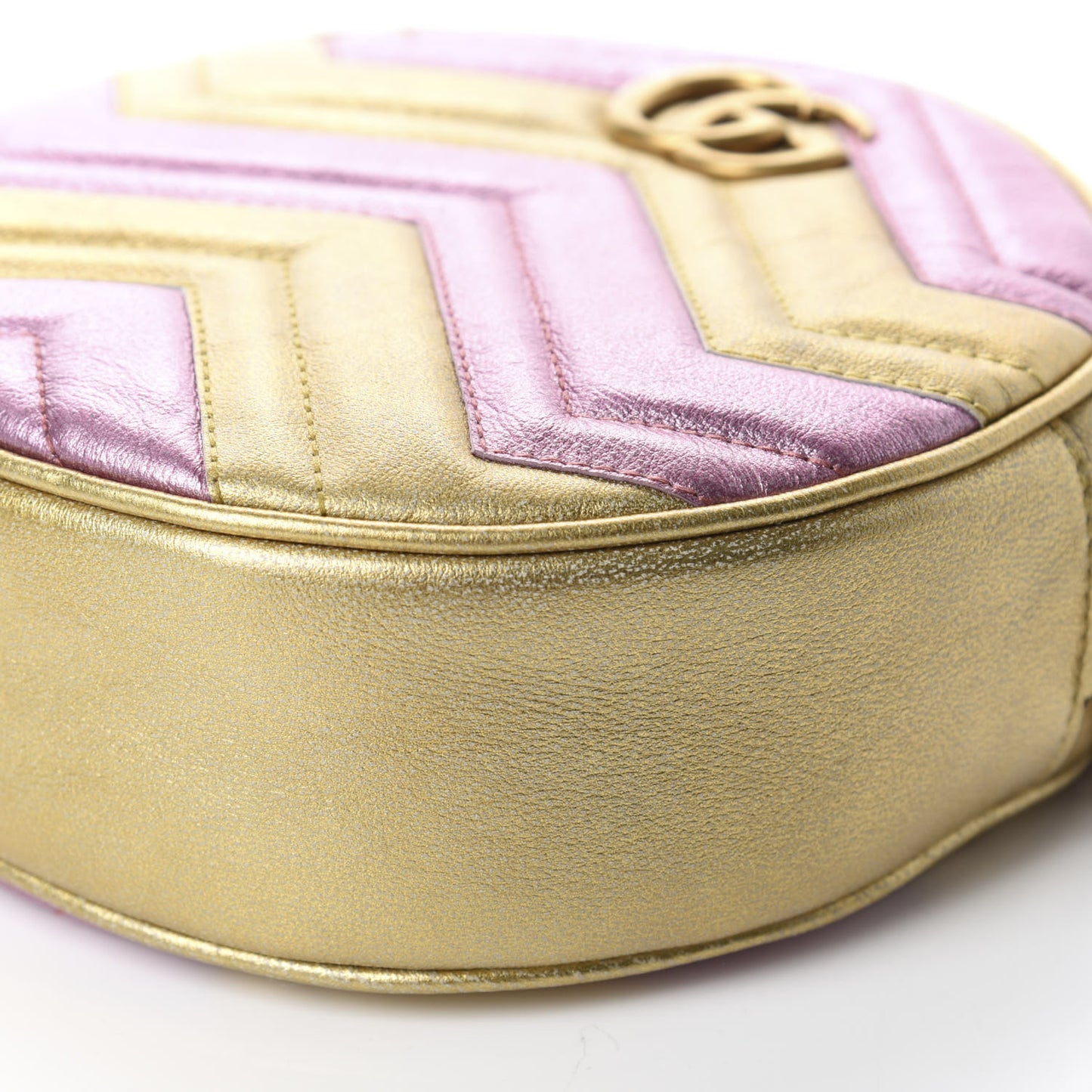 Metallic Calfskin Matelasse Mini GG Marmont Round Shoulder Bag Gold Pink