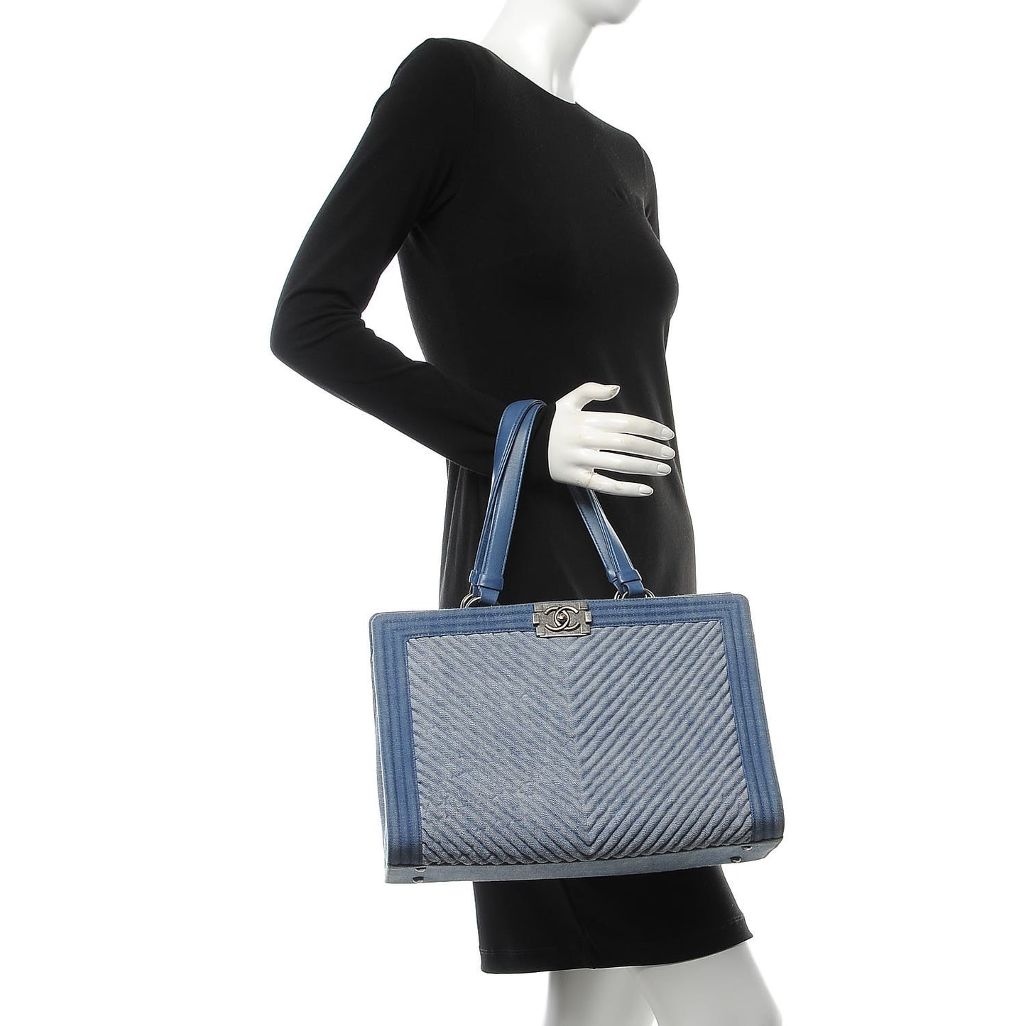 Denim Chevron Quilted Large Boy Shopping Tote Light Blue