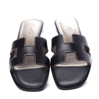 Hermes Box Calfskin Oran Sandals 36.5 Black 5 of 10