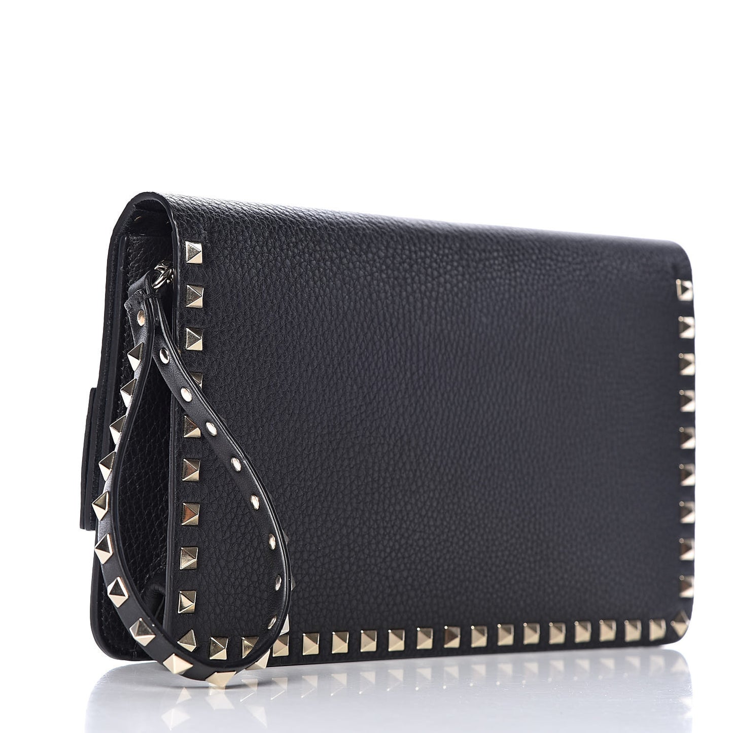 Pebbled Calfskin Rockstud Side Slip Wristlet Clutch Black