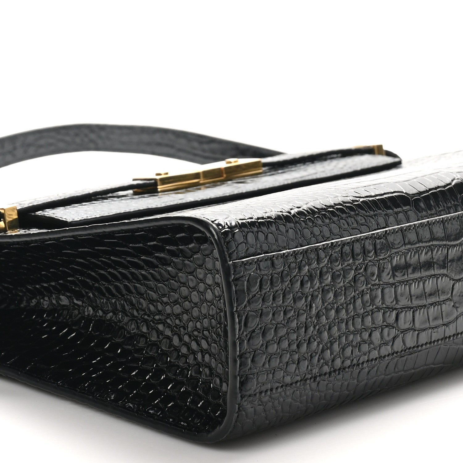 Saint Laurent Shiny Calfskin Crocodile Embossed Manhattan Baguette Black 9 of 10