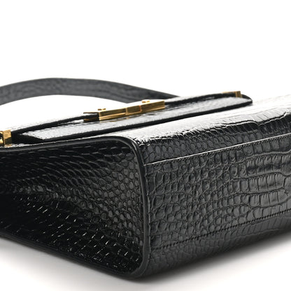 Saint Laurent Shiny Calfskin Crocodile Embossed Manhattan Baguette Black 9 of 10
