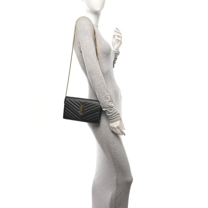 Saint Laurent Grain De Poudre Matelasse Chevron Monogram Chain Wallet Black 2 of 12
