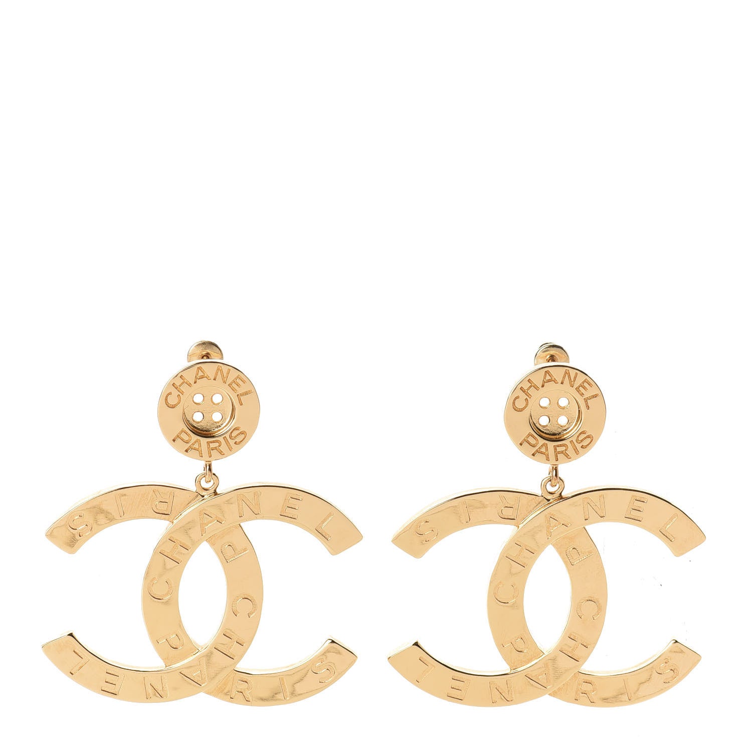 Chanel Metal Large Paris Button Earrings Gold 1 of 4