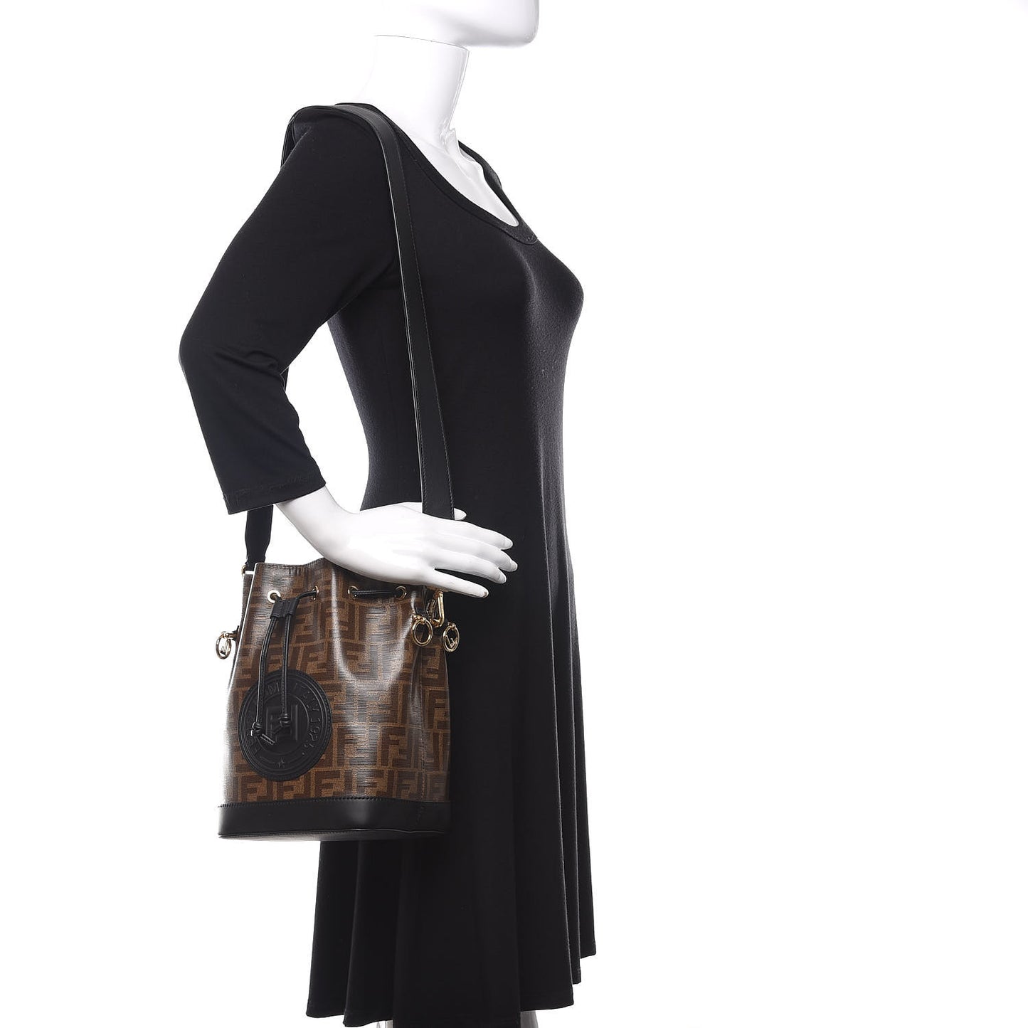 Glazed Fabric Vitello Grace F is Fendi FF 1974 Stamp Patch Grande Mon Tresor Bucket Bag Mogano Panna Black