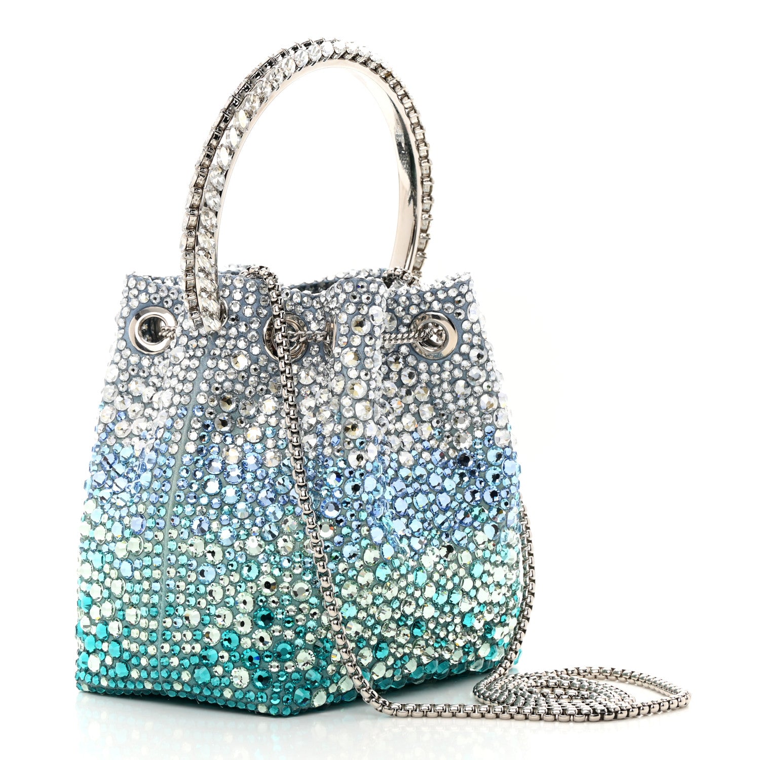 Jimmy Choo Satin Hotfix Crystal Embellished Bon Bon Bucket Bag Blue Silver 2 of 9