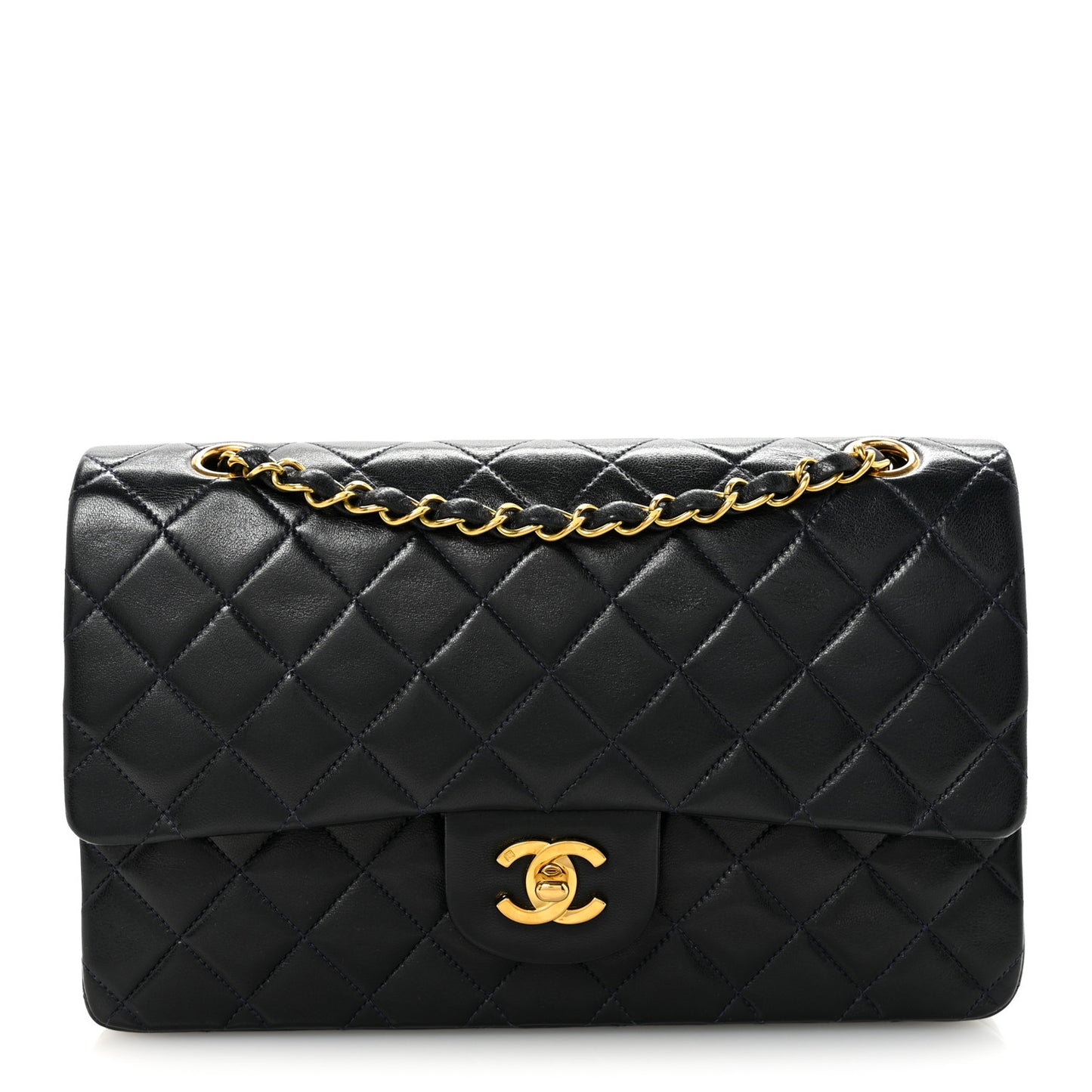 Lambskin Quilted Medium Double Flap Navy