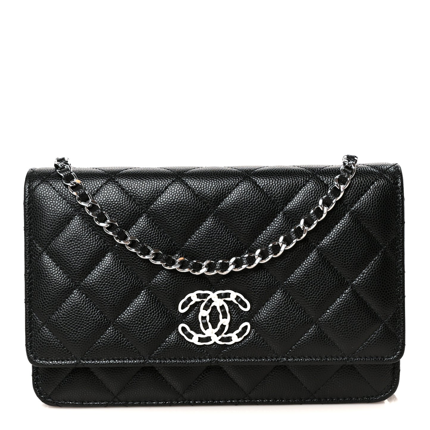 Caviar Quilted Chanel 19 Wallet On Chain WOC Black White
