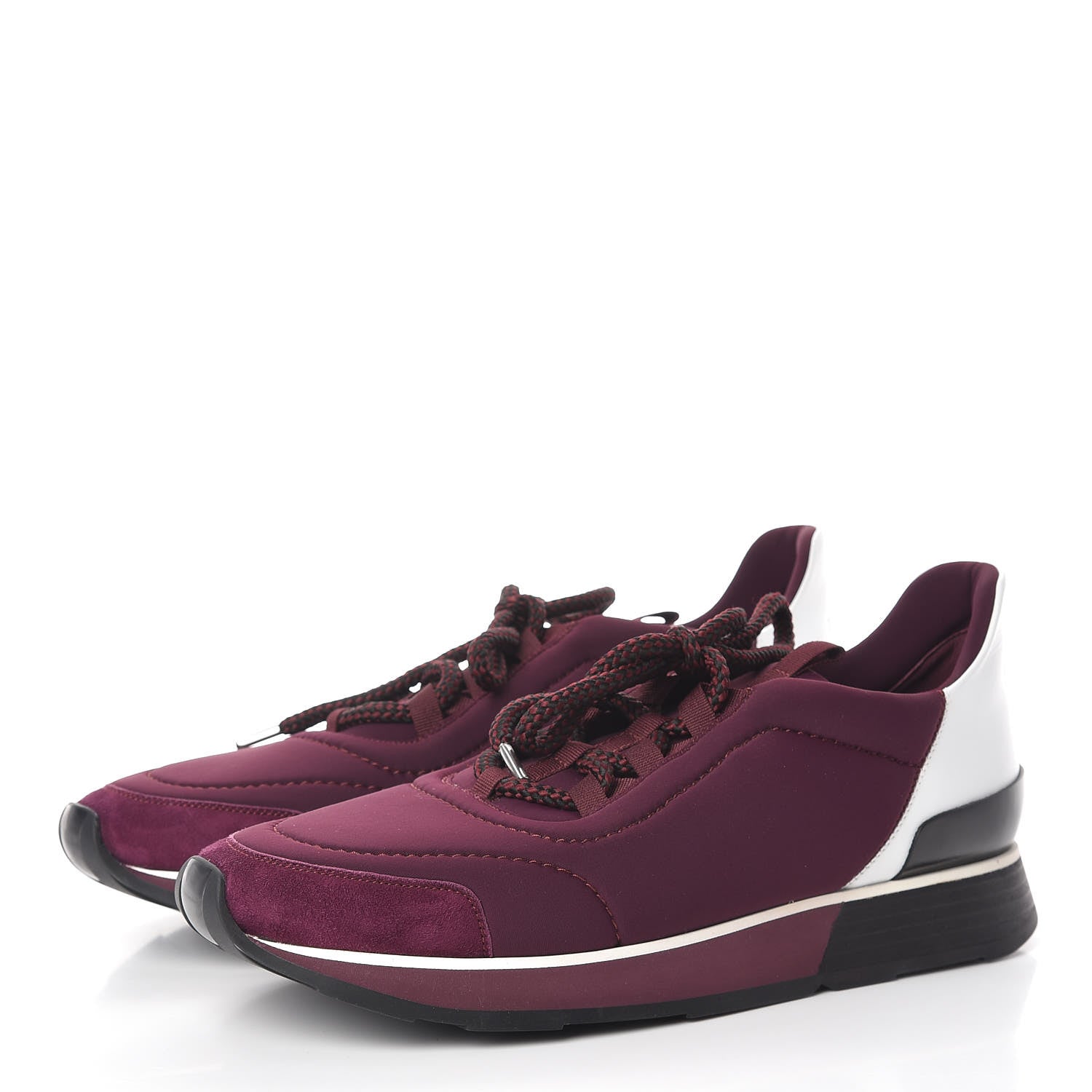 Hermes Tech Canvas Calfskin Suede Goatskin Womens Miles Sneakers 40 Lie De Vin Blanc 3 of 7