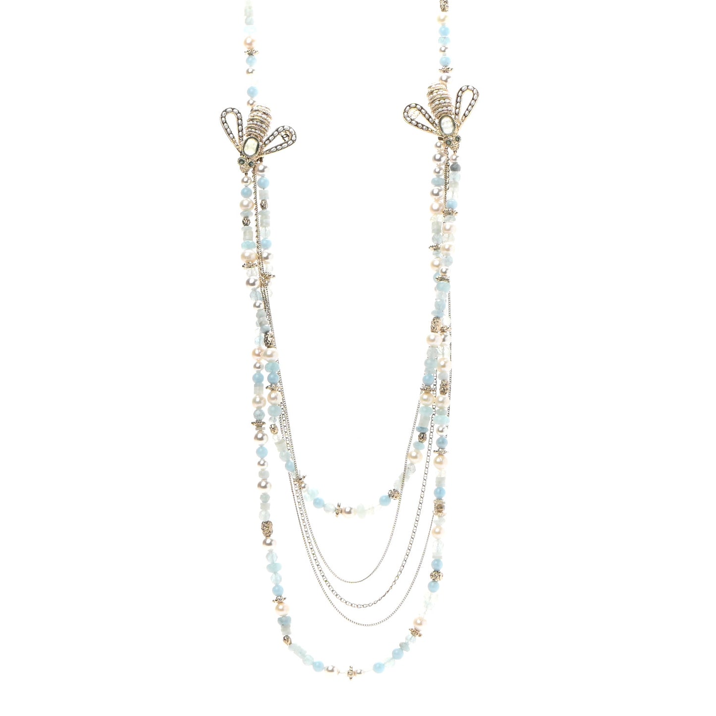 Beaded Pearl Crystal CC Bee Long Multi Strand Necklace Gold Blue