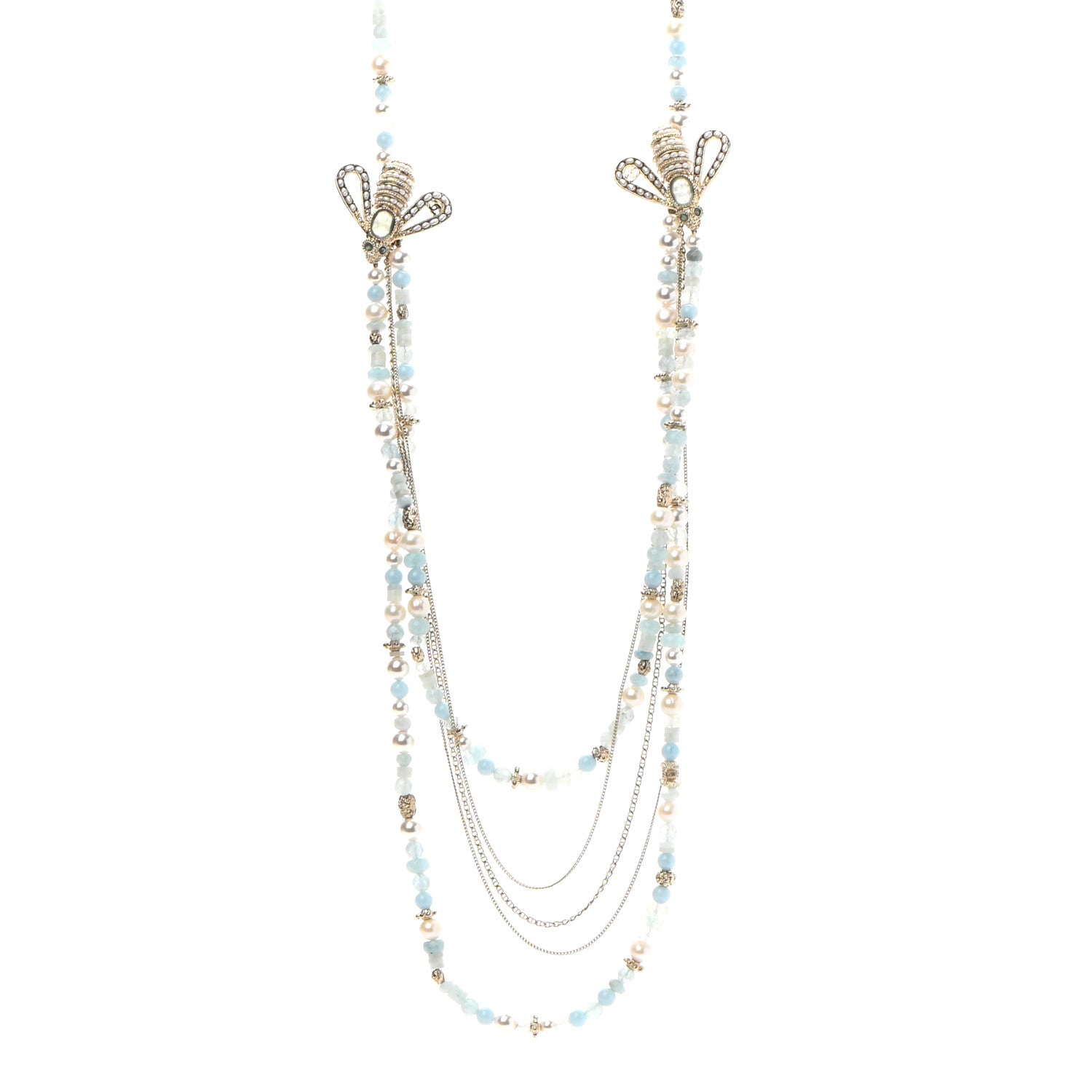 Chanel Beaded Pearl Crystal CC Bee Long Multi Strand Necklace Gold Blue 1 of 5