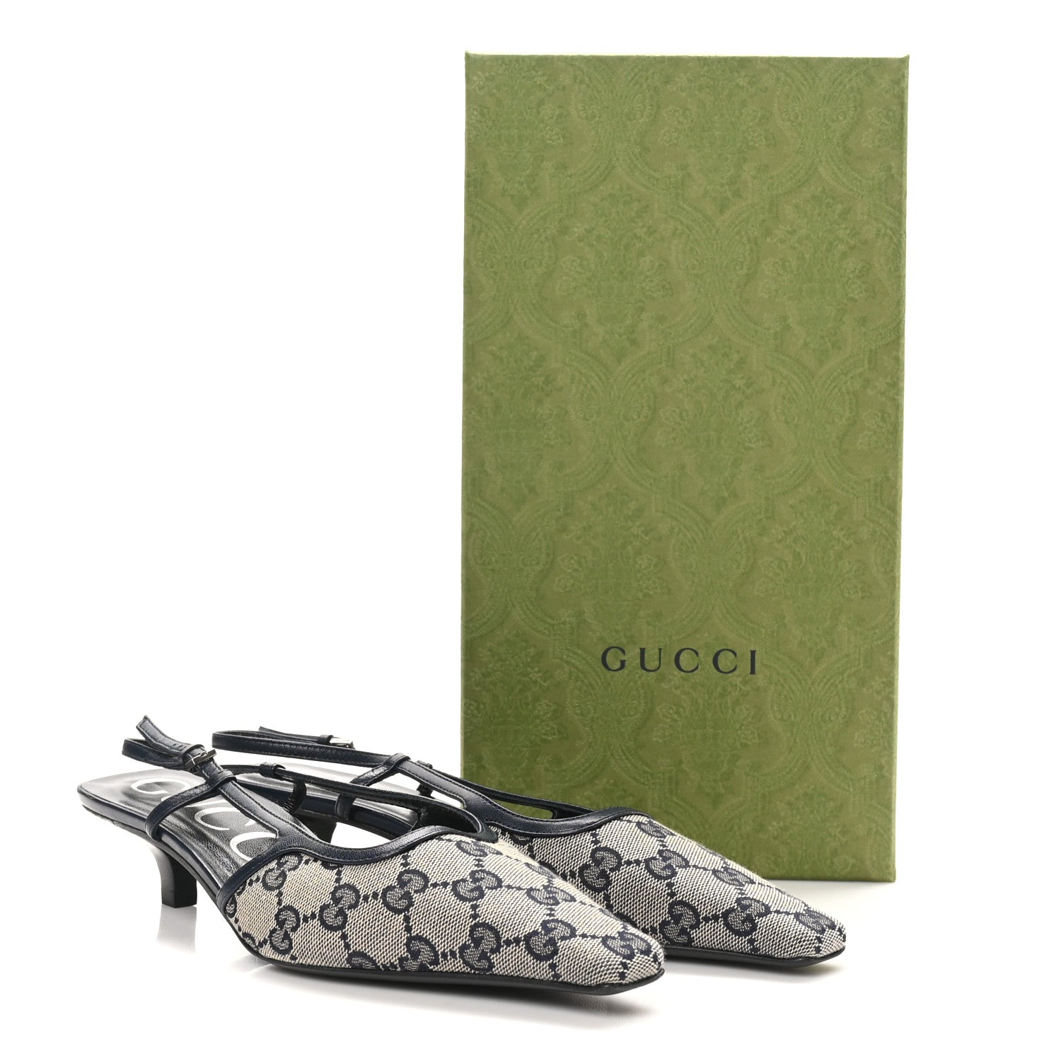 Gucci GG Monogram Malaga Kid Square G 35mm Slingback Pumps 37 Beige Blue 9 of 9