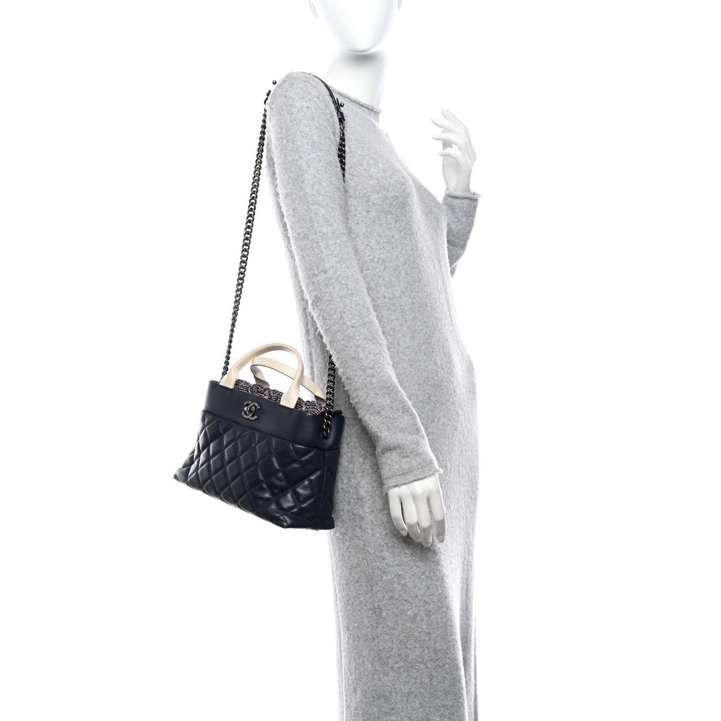 Calfskin Tweed Quilted Small Tote Navy Multicolor