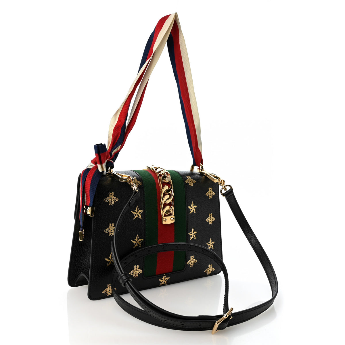 Gucci Textured Calfskin Bee Star Print Small Sylvie Shoulder Bag Black 3 of 10