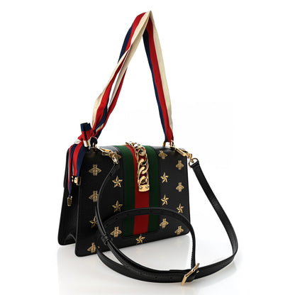 Gucci Textured Calfskin Bee Star Print Small Sylvie Shoulder Bag Black 3 of 10