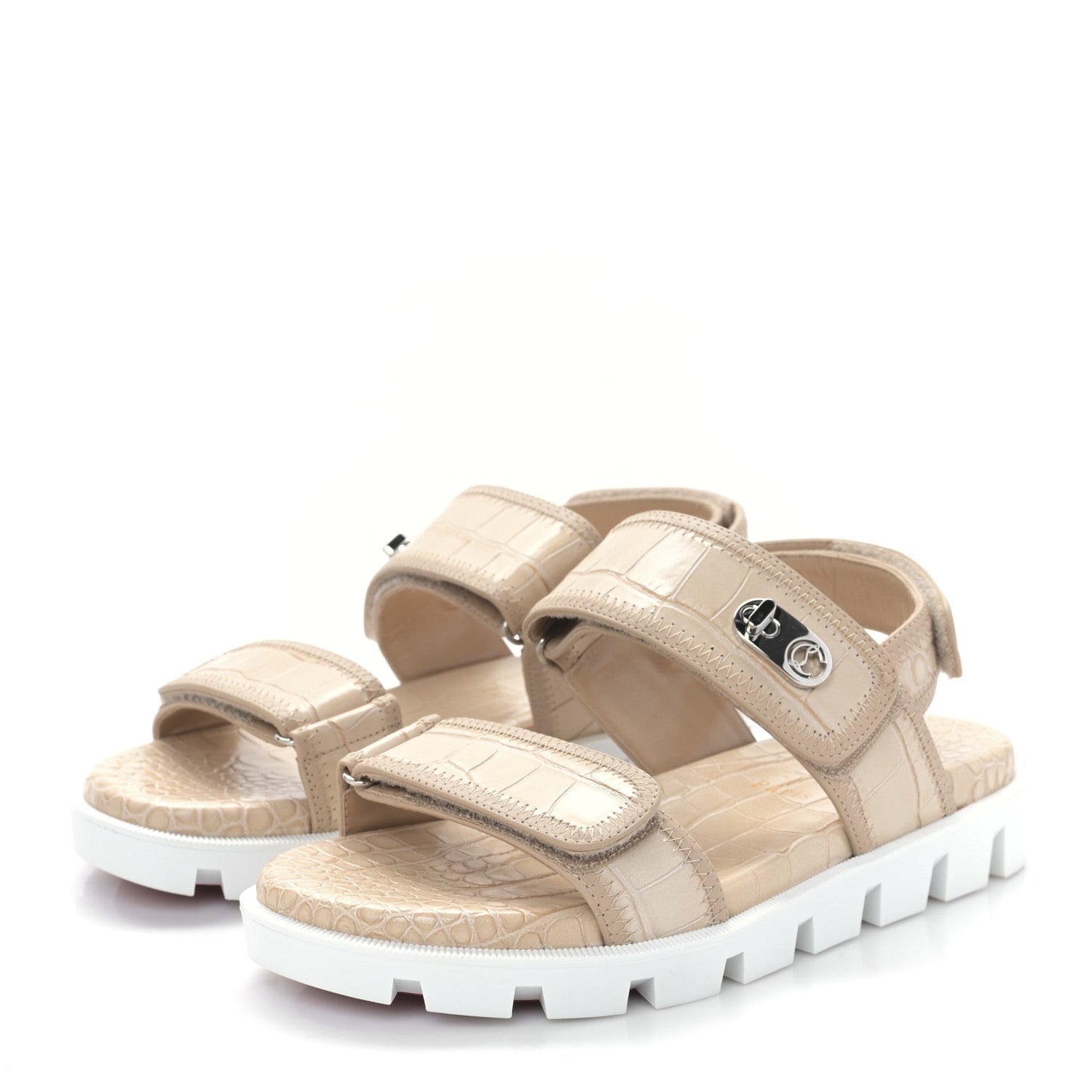 Christian Louboutin Calfskin Alligator Embossed Nappa Lock Cool Flat Sandals 37.5 Nougat 3 of 7
