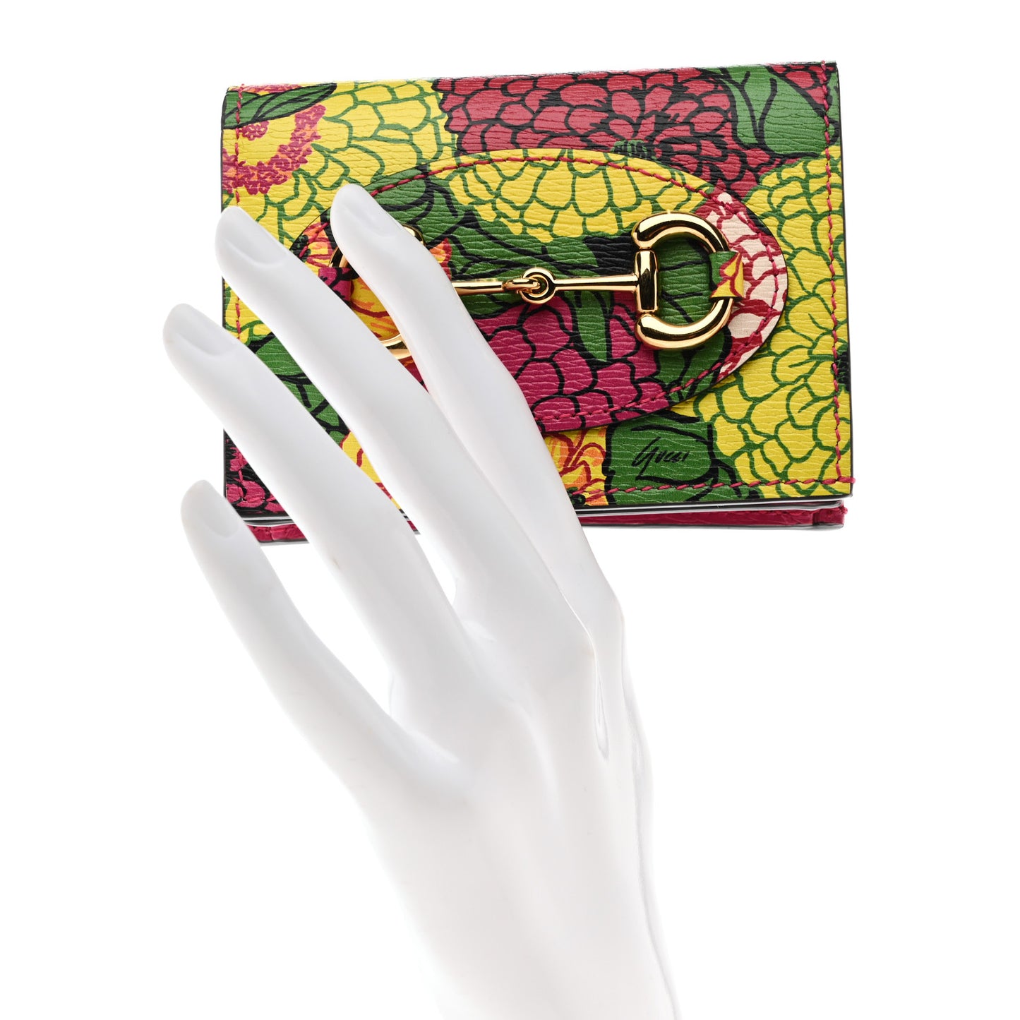X KEN SCOTT Textured Calfskin Pomponica Print Horsebit 1955 Card Case Wallet Multicolor Fuxia Pompom