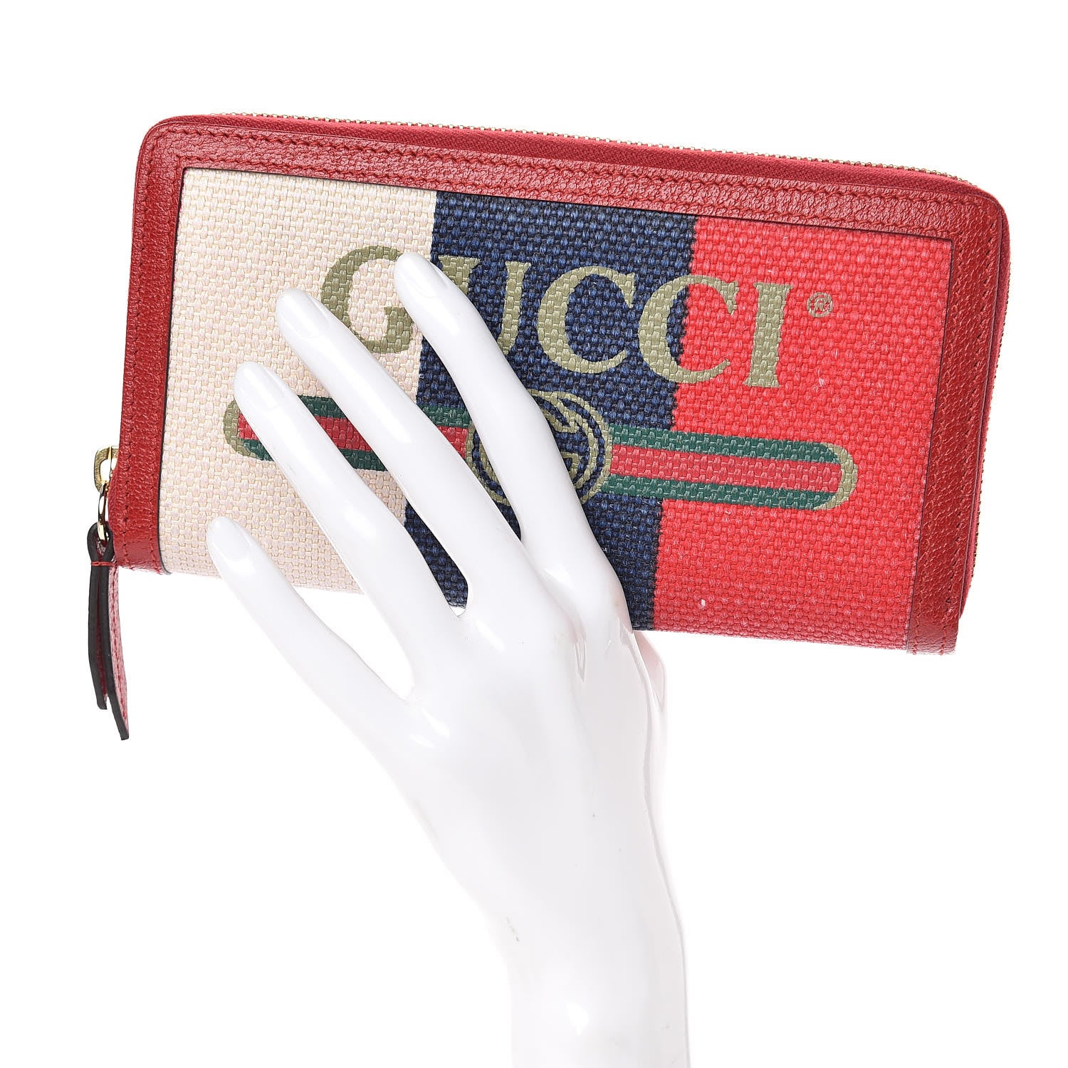 Gucci Canvas Sylvie Stripe Logo Zip Around Wallet Mystic White Hibiscus Red Maritime 2 of 8