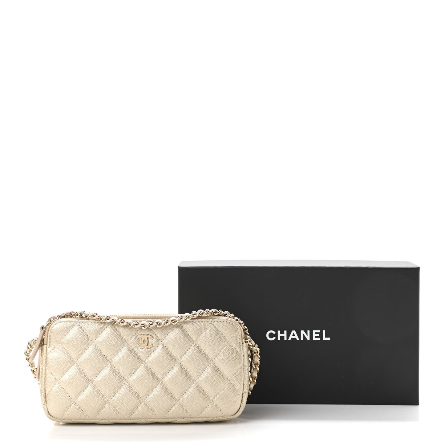 Metallic Caviar Quilted Small Clutch With Chain Gold