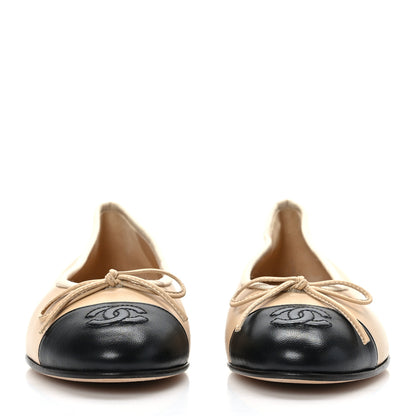 Chanel Lambskin Cap Toe CC Ballerina Flats 36 Beige Black 2 of 8