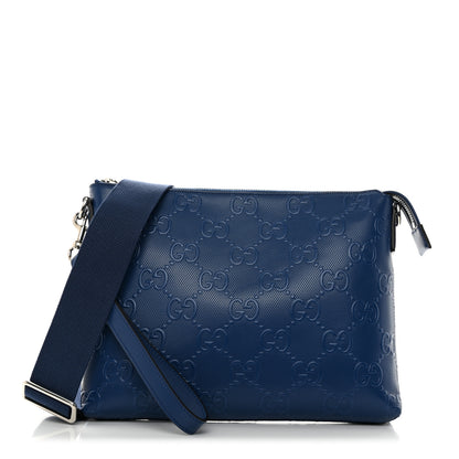Gucci Calfskin GG Tennis Embossed Medium Wristlet Messenger Bag Intense Metal Blue 1 of 11