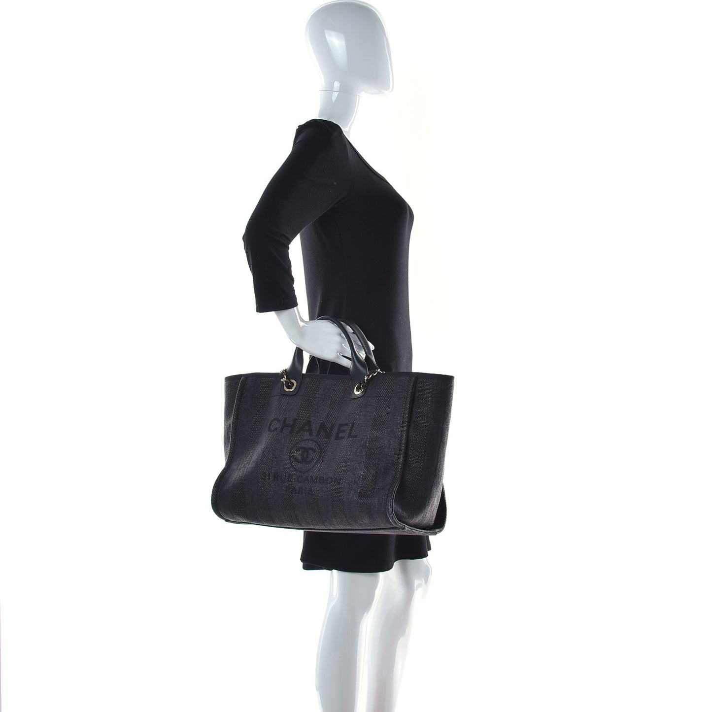 Mixed Fibers Calfskin Striped Medium Deauville Tote Black