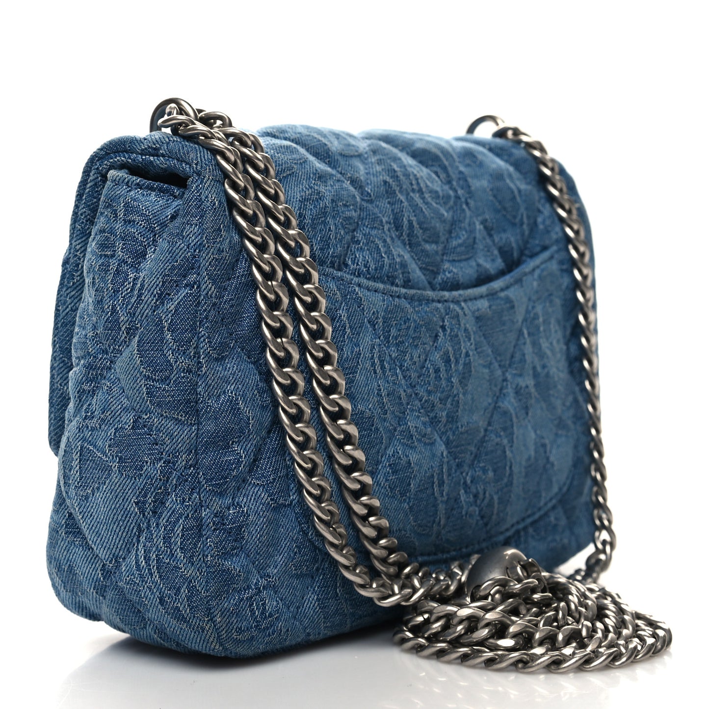 Denim Quilted Camellia Sweetheart Mini Flap Blue