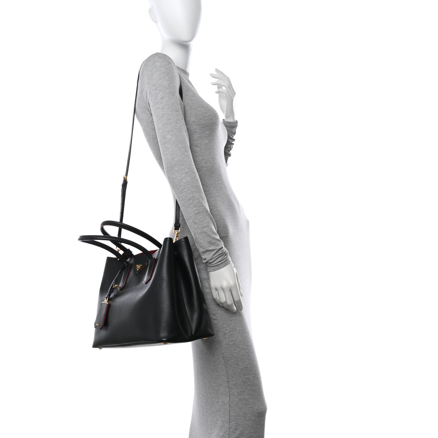 Prada Saffiano Cuir Large Double Bag Black Fuoco 2 of 9