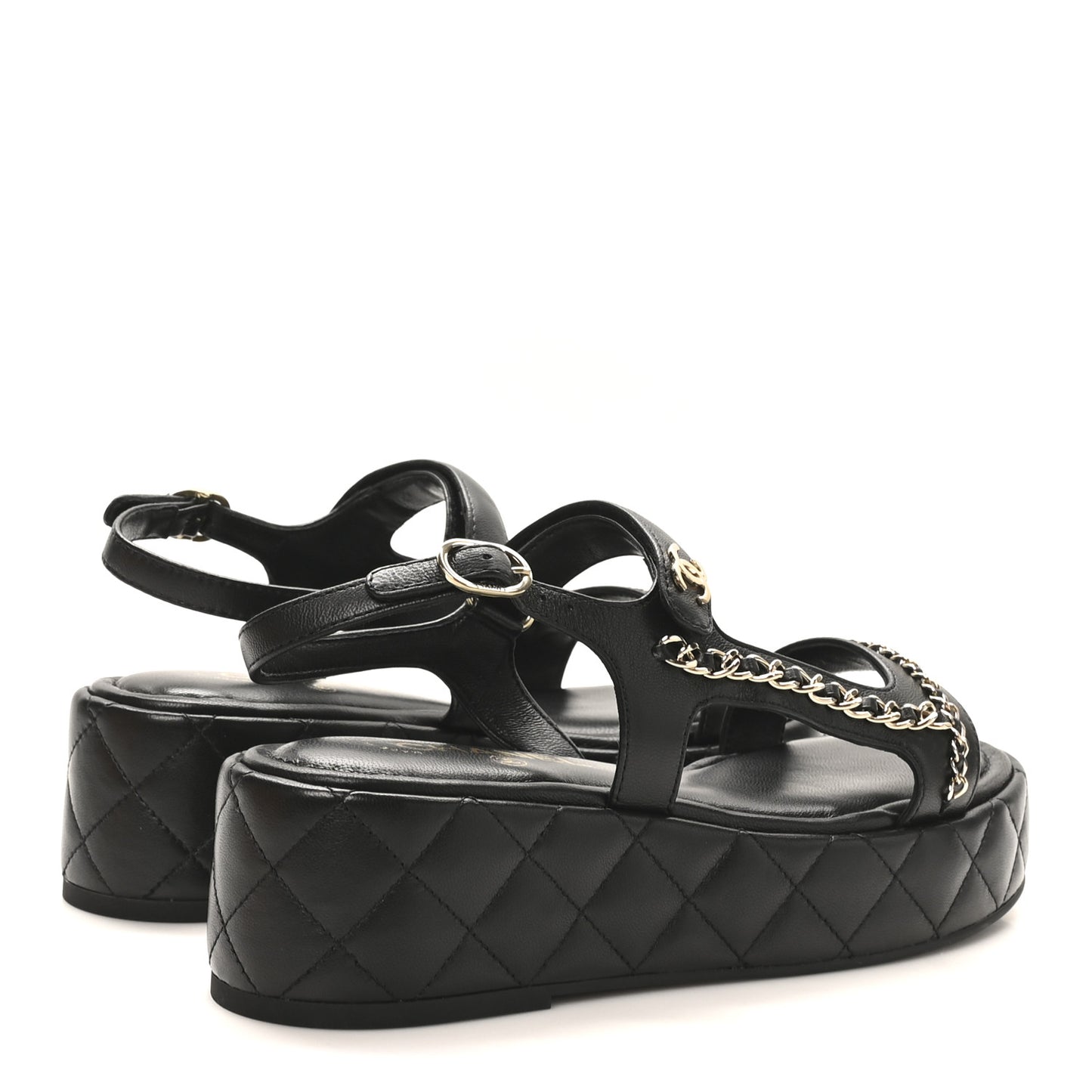 Lambskin Quilted Chain CC Platform Sandals 39.5 Black
