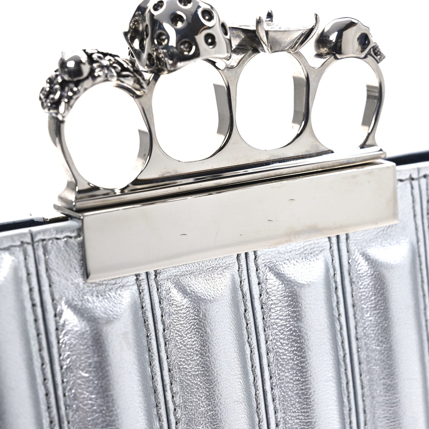 Metallic Calfskin Quilted Four Ring Knuckle Flat Clutch Silver