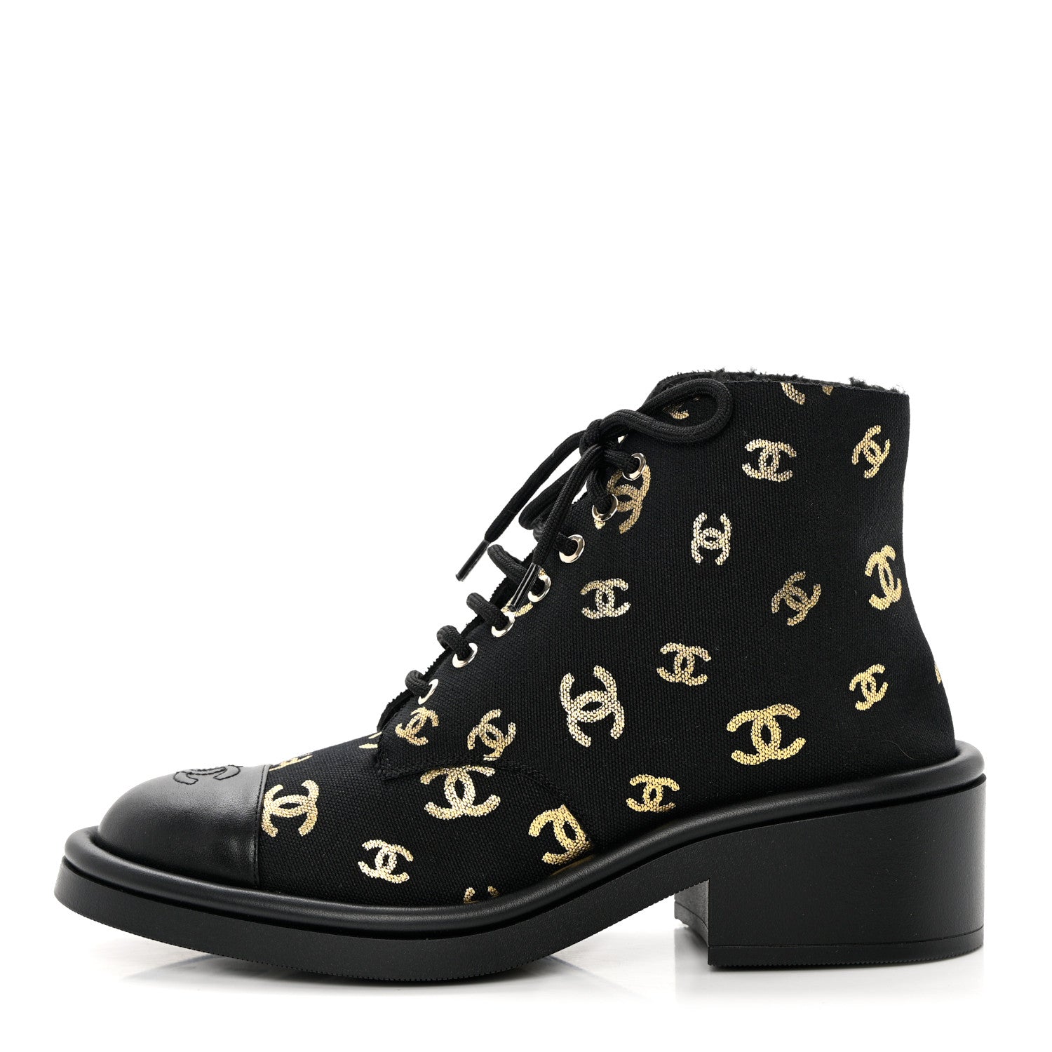 Chanel Lambskin Shearling Canvas CC Lace Up Boots 39.5 Black Gold 1 of 9