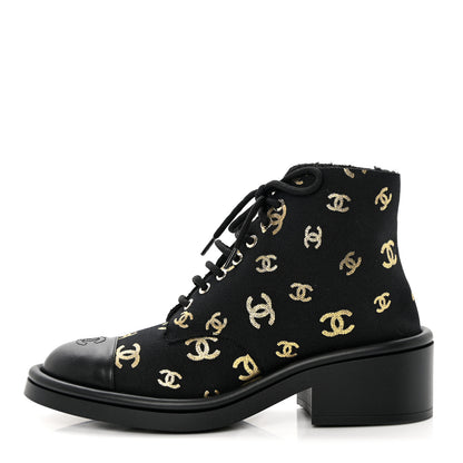 Chanel Lambskin Shearling Canvas CC Lace Up Boots 39.5 Black Gold 1 of 9