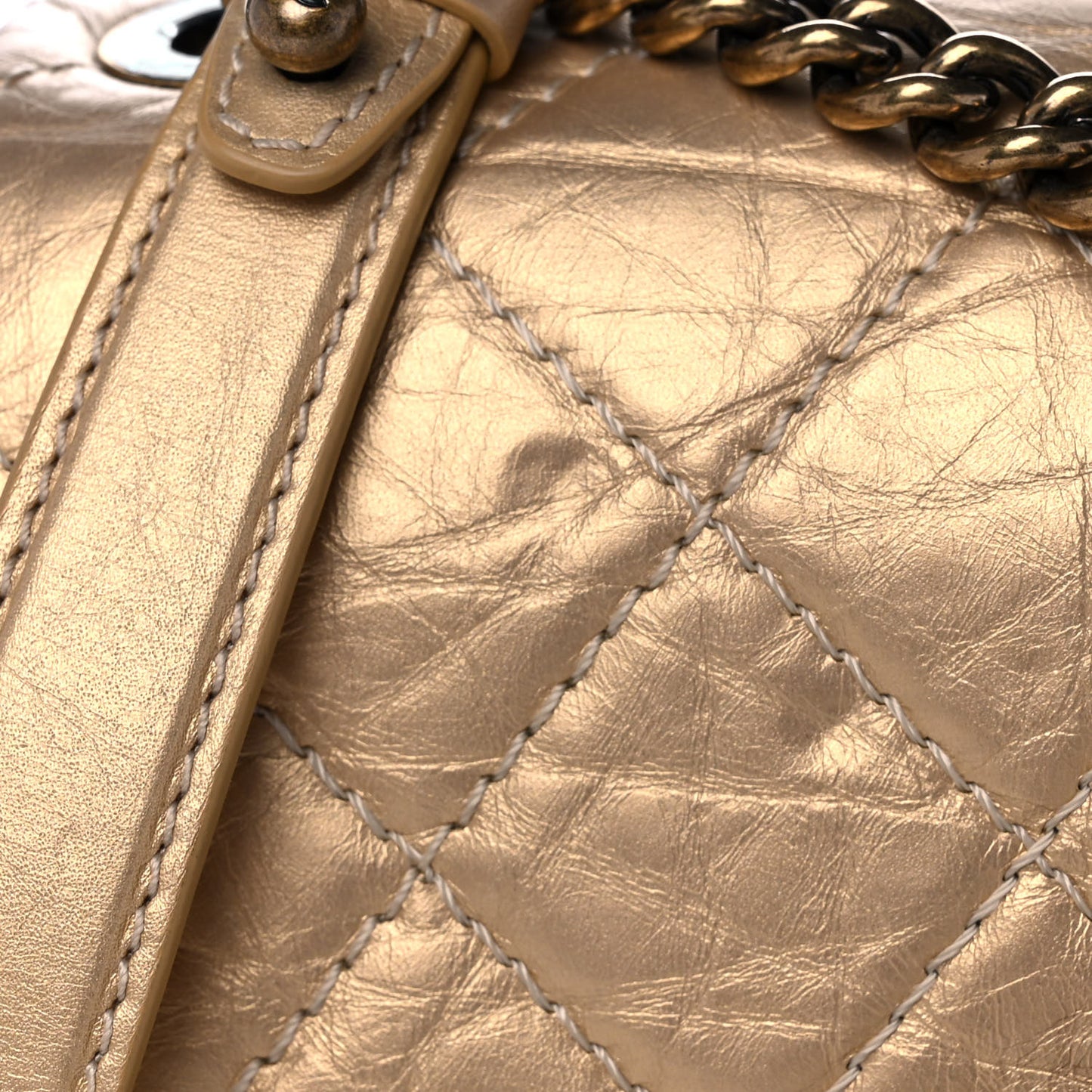 Metallic Aged Calfskin Quilted CC Square Flap Light Gold